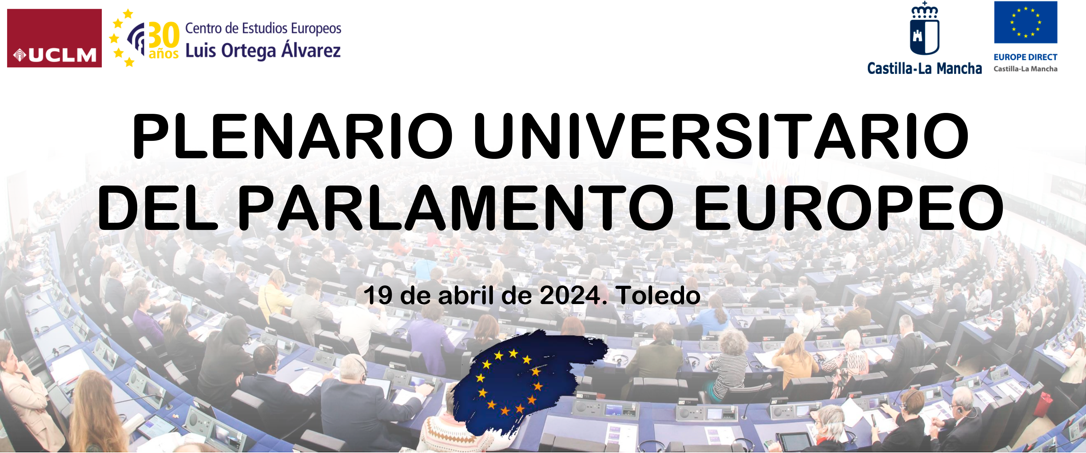 logos UCLM-CEE y JCCM-CED con texto &amp;quot;Plenario Universitario del Parlamento Europeo. 19 de abril de 2024&amp;quot;