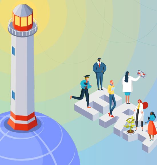 dibujo con un faro y personas