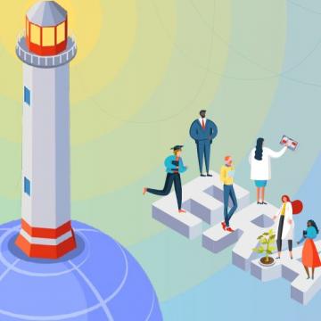 dibujo con un faro y personas
