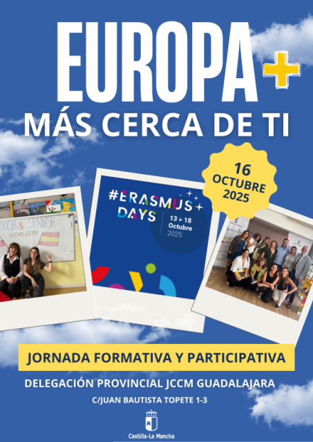 El Gobierno regional, a través de la Delegación de Educación, Cultura y Deportes, ha organizado en Guadalajara una jornada informativa y participativa en torno a las oportunidades, proyectos o ayudas que ofrece para los jóvenes la Unión Europea. La cita tendrá lugar el próximo día 16 de octubre, en el salón de actos de la Delegación de la Junta y contará con dos sesiones diferenciadas. Por la mañana se celebrará una jornada técnica para profesionales que trabajan en entornos con jóvenes y en horario de tard