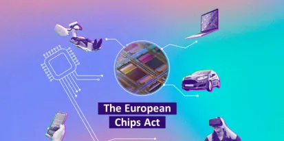 imagen con un chip en el centro rodeado de un portátil, coche, móvil, hombre con gafas 3D y aparato médico