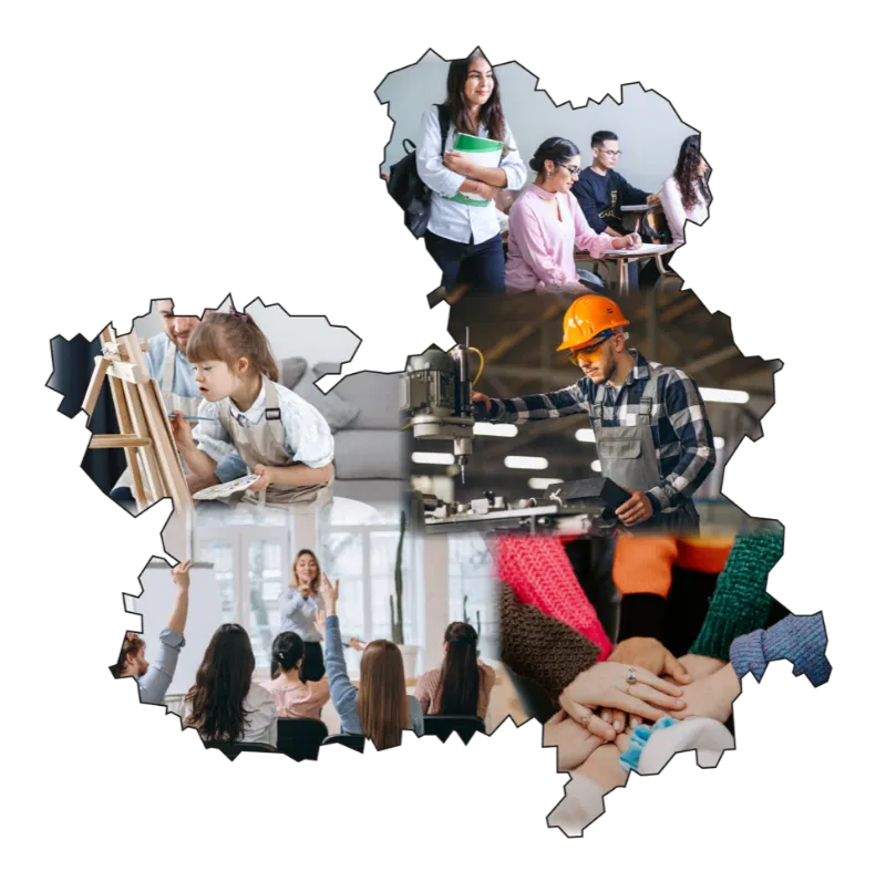 Mapa de Castilla-La Mancha representando diferentes sectores de la economía y sociedad regional