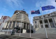 imagen de edificios gubernamentales con las banderas de la Unión Europea y Nueva Zelanda