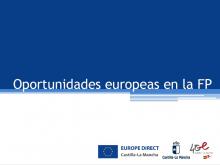 portada con el texto oportunidades europeas en la FP y los logos de la Junta de Castilla-La Mancha y Europe Direct